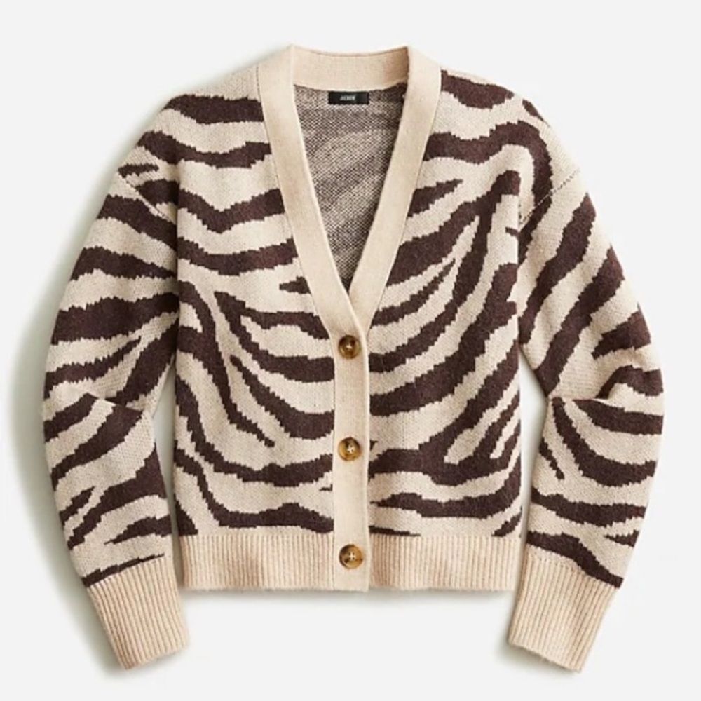 J CREW Cardigan Sweater Wool Alpaca Button Up Zebra Print Brown Tan Size XL